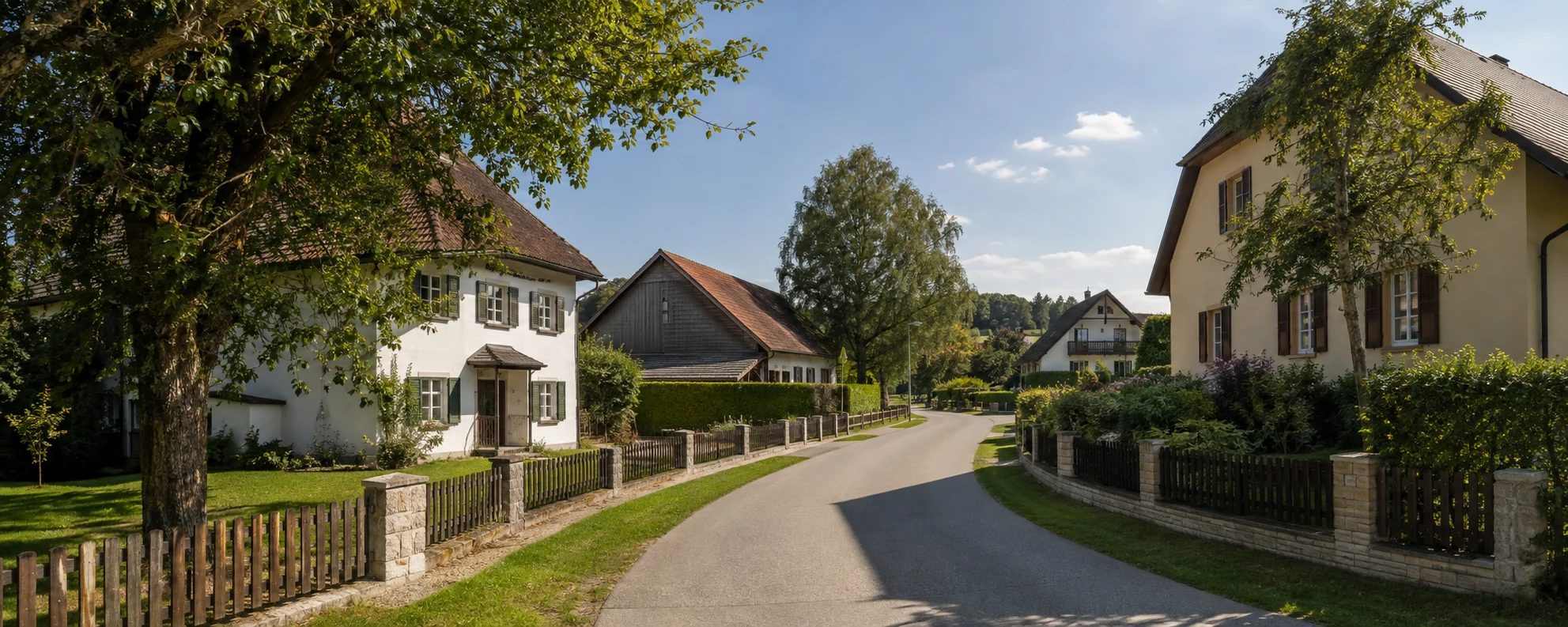 Ruhiger Weg mit Landhäusern, Gärten und alten Laubbäumen